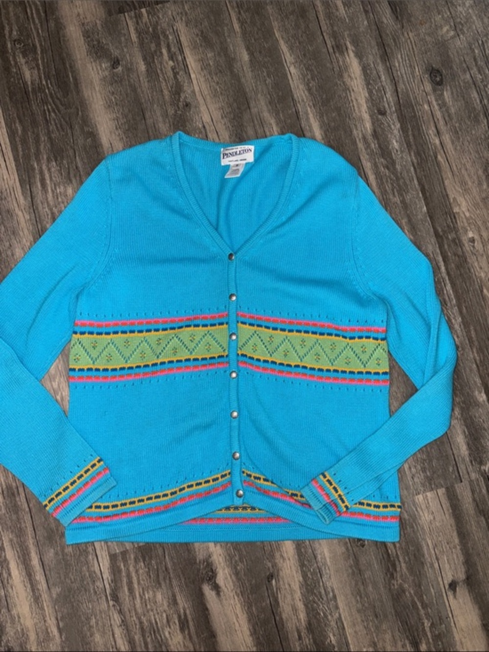 Vintage Pendleton Turquoise V‑Neck Cardigan with Multicolor Stripes woman’s med
